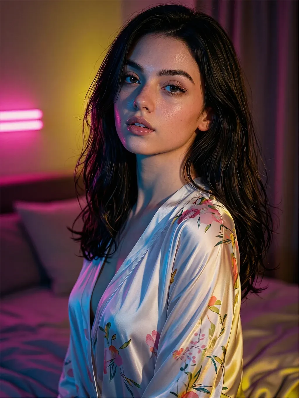 Fictional AI character in a floral robe on a bed under pink and yellow neon