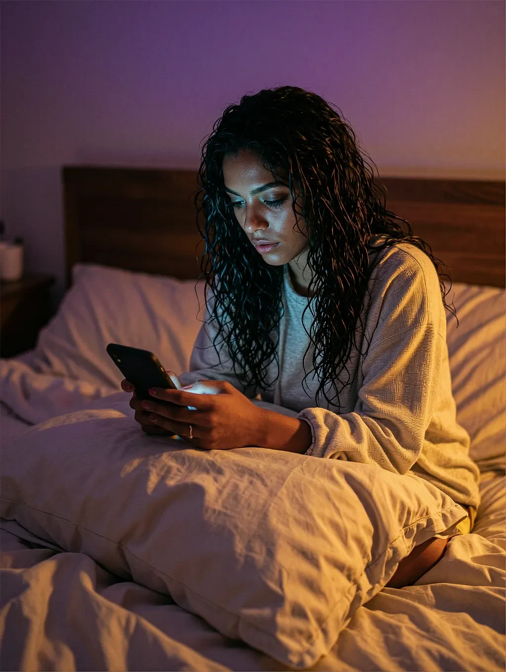 Fictional AI character in a yellow sweater sitting up in bed with a phone, purple light behind