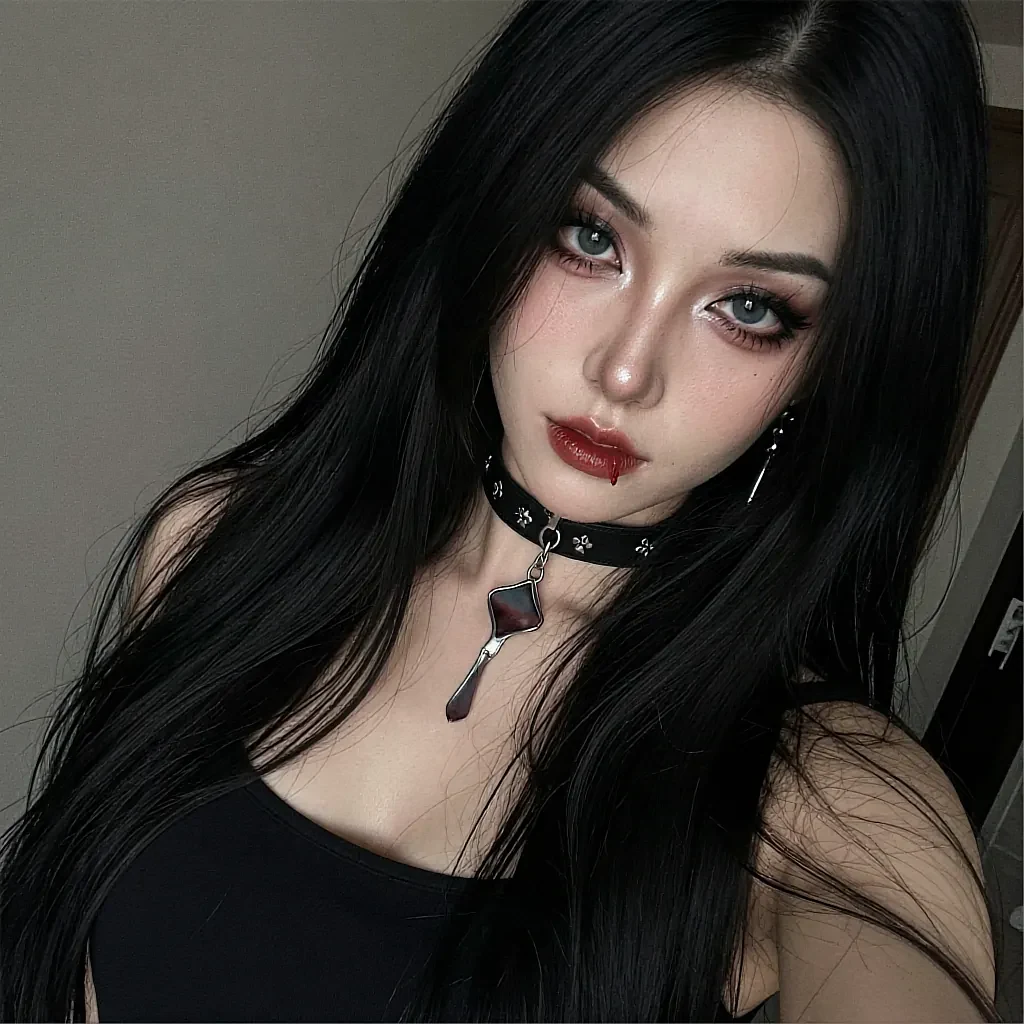 Fictional AI character in a studded choker and black mesh top, photographed close