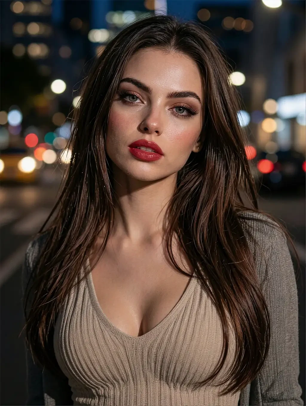 Fictional AI character in a ribbed beige top with red lipstick, night city lights behind