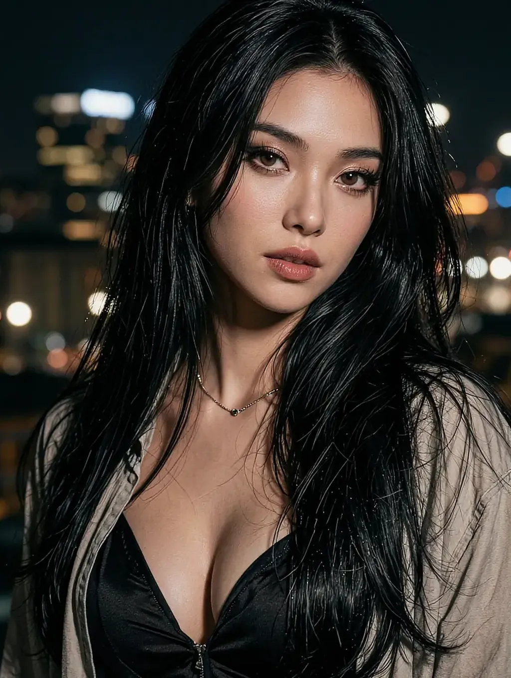 Fictional AI character in an open black shirt in front of a night city window