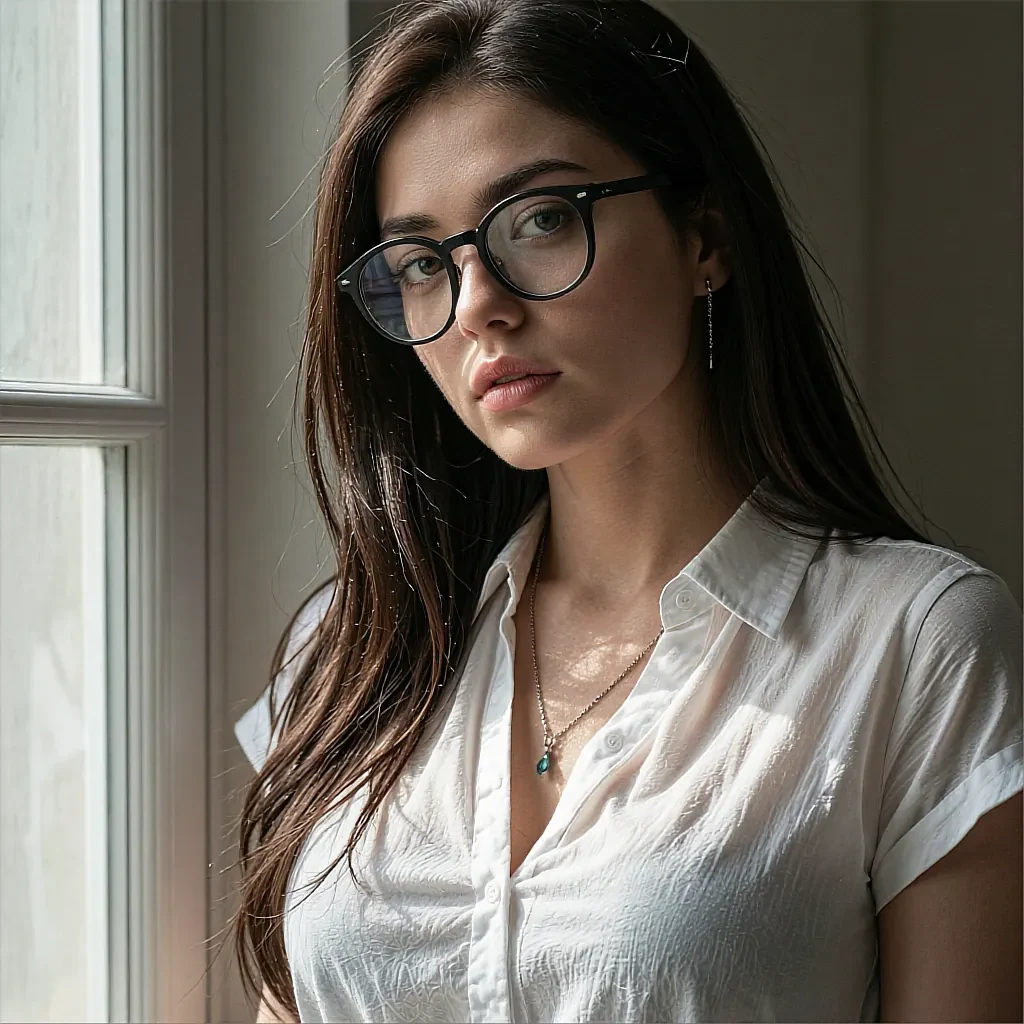 Fictional AI character in glasses and a white shirt, lit by a window